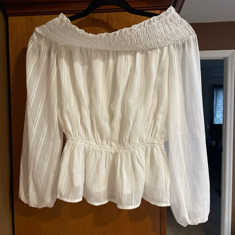 Line & Dot Revolve Blouse XS Off White Cream Off The Shoulder Top Peplum Waist